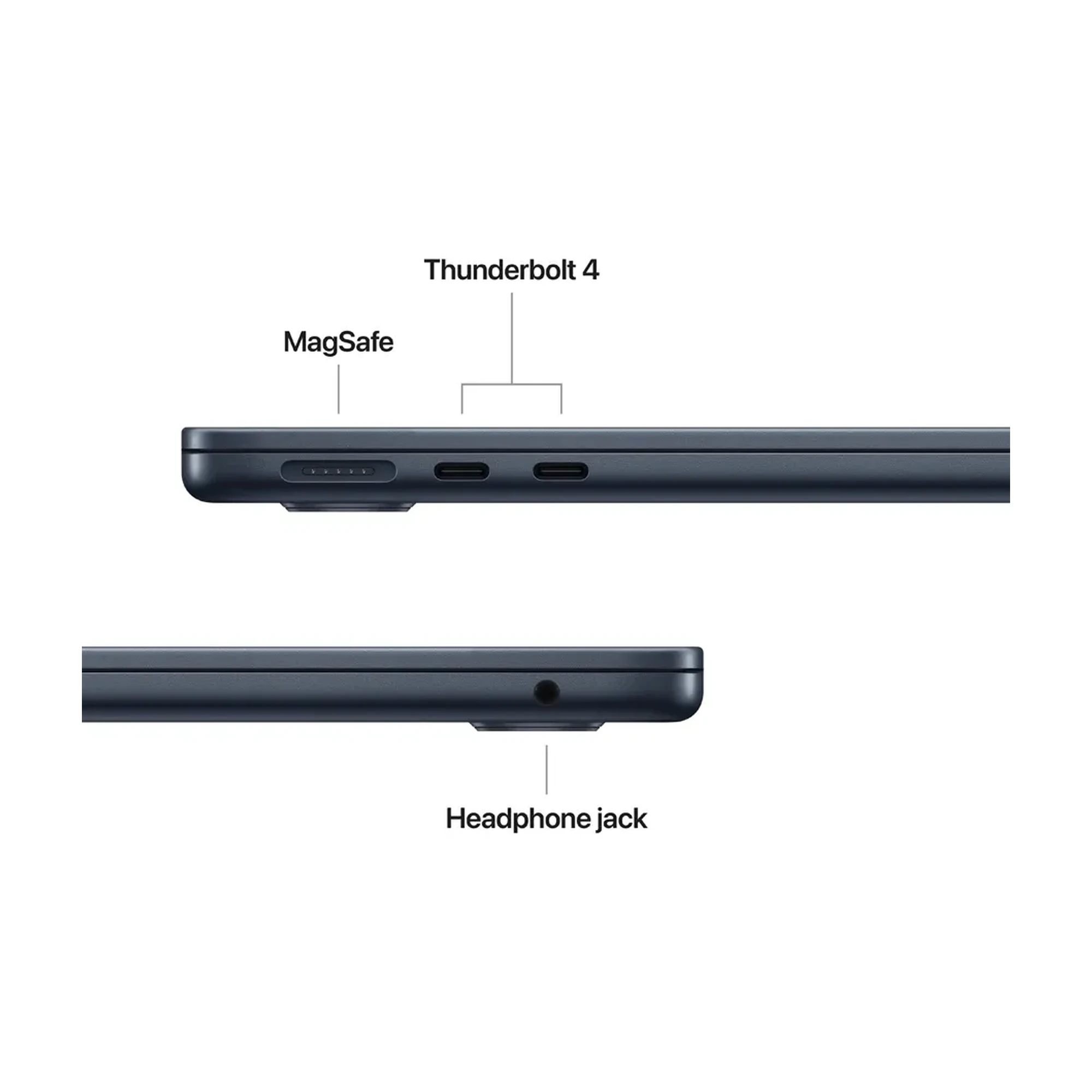 13.6″ Liquid Retina IPS, 2560 × 1664, 500 nits, P3, True Tone — side ports